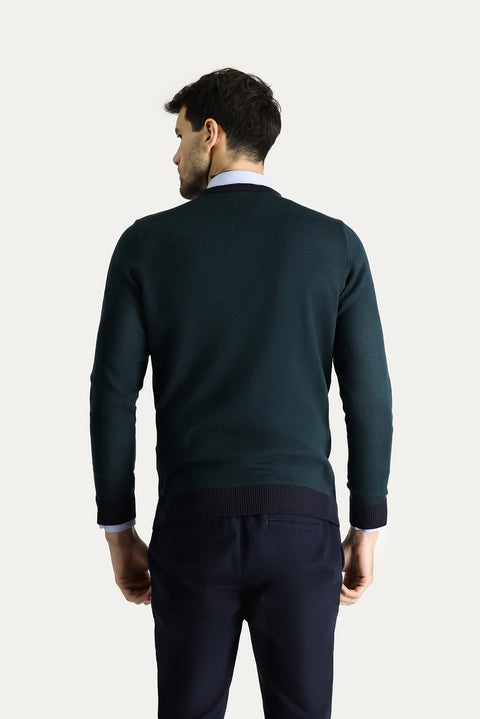 Koyu Lacivert Bisiklet Yaka Slim Fit Dar Kesim Desenli Triko Kazak