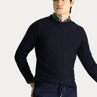 Koyu Lacivert Bisiklet Yaka Regular Fit Desenli Triko Kazak