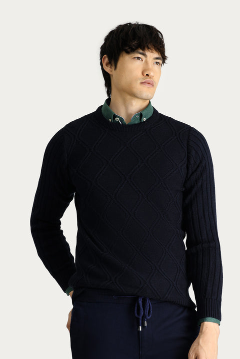 Koyu Lacivert Bisiklet Yaka Regular Fit Desenli Triko Kazak