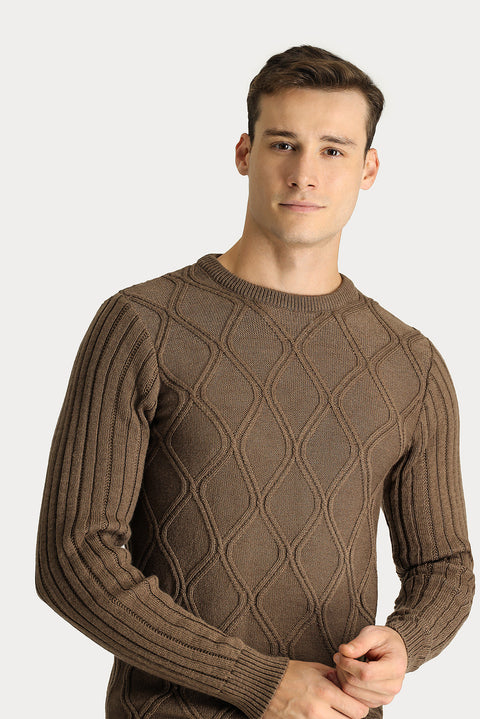 Orta Kahve Bisiklet Yaka Regular Fit Desenli Triko Kazak