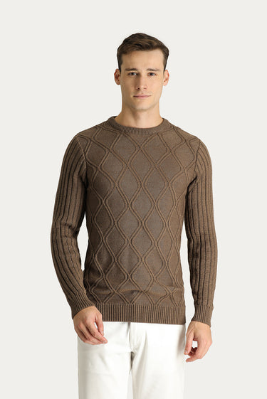 Orta Kahve Bisiklet Yaka Regular Fit Desenli Triko Kazak