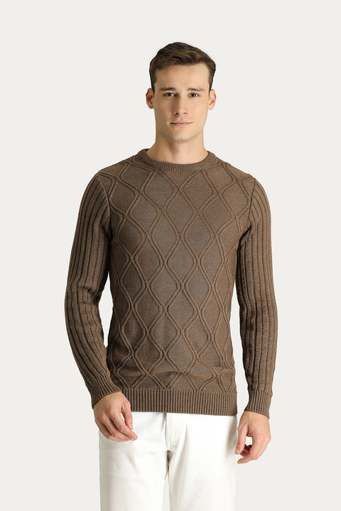 Orta Kahve Bisiklet Yaka Regular Fit Desenli Triko Kazak