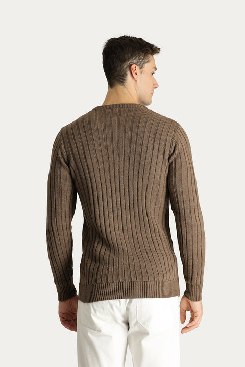 Orta Kahve Bisiklet Yaka Regular Fit Desenli Triko Kazak