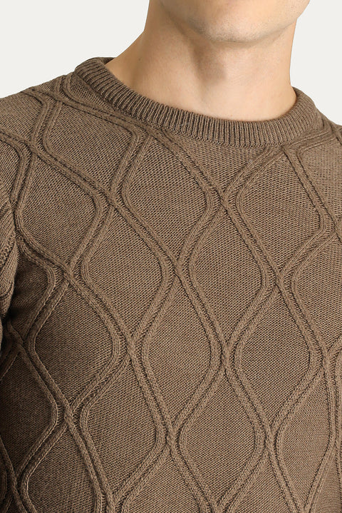 Orta Kahve Bisiklet Yaka Regular Fit Desenli Triko Kazak