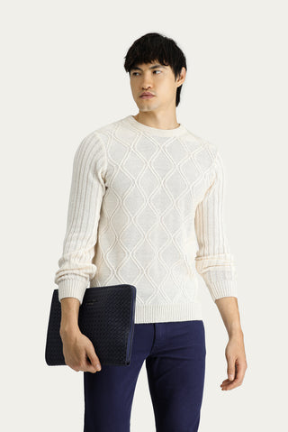  Kırık Beyaz Bisiklet Yaka Regular Fit Desenli Triko Kazak