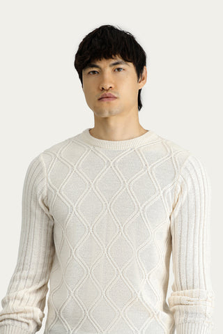  Kırık Beyaz Bisiklet Yaka Regular Fit Desenli Triko Kazak