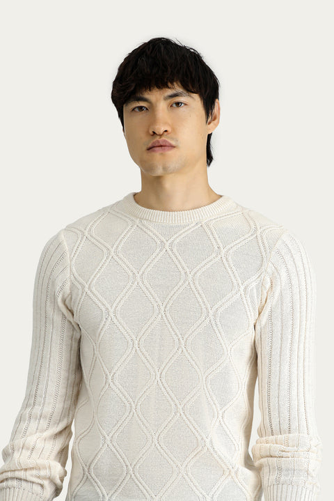 Kırık Beyaz Bisiklet Yaka Regular Fit Desenli Triko Kazak