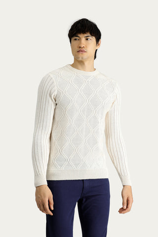  Kırık Beyaz Bisiklet Yaka Regular Fit Desenli Triko Kazak