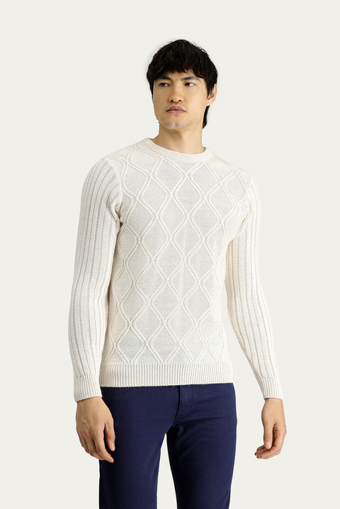 Kırık Beyaz Bisiklet Yaka Regular Fit Desenli Triko Kazak