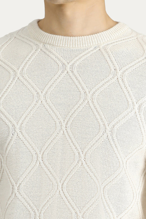 Kırık Beyaz Bisiklet Yaka Regular Fit Desenli Triko Kazak