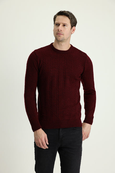 Şarap Bordo Bisiklet Yaka Regular Fit Desenli Triko Kazak