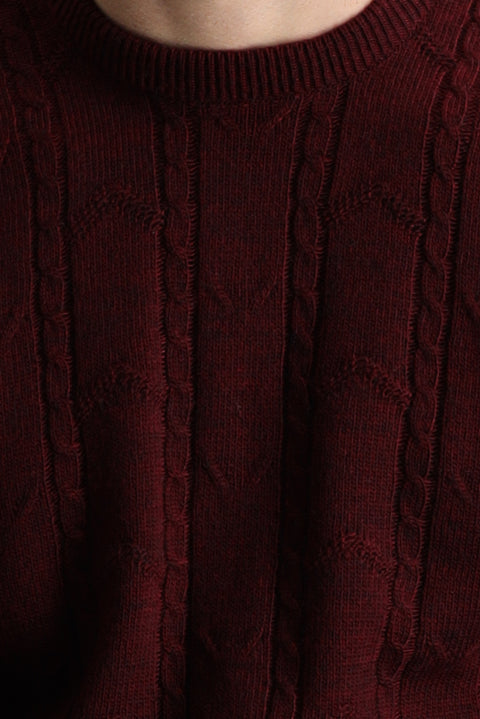 Şarap Bordo Bisiklet Yaka Regular Fit Desenli Triko Kazak
