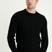 Siyah Bisiklet Yaka Regular Fit Desenli Triko Kazak