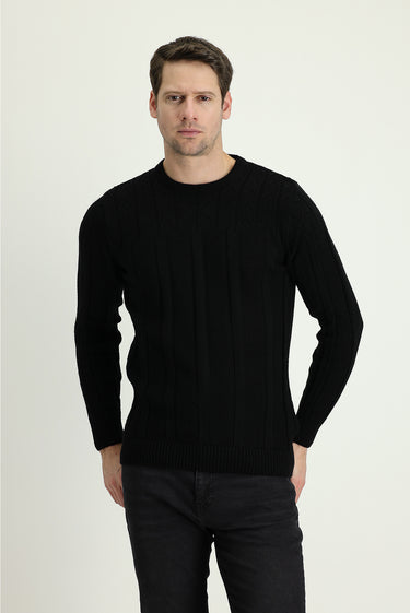 Siyah Bisiklet Yaka Regular Fit Desenli Triko Kazak