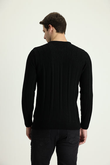 Siyah Bisiklet Yaka Regular Fit Desenli Triko Kazak