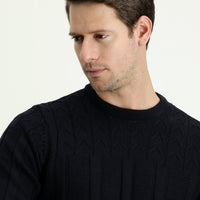 Koyu Lacivert Bisiklet Yaka Regular Fit Desenli Triko Kazak