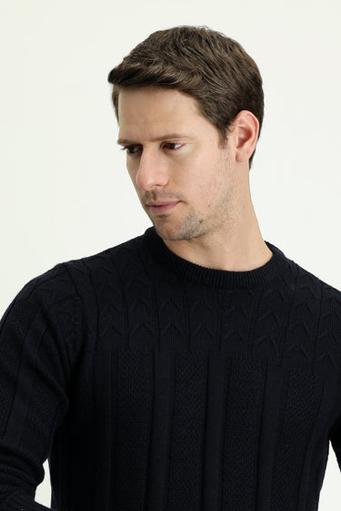 Koyu Lacivert Bisiklet Yaka Regular Fit Desenli Triko Kazak