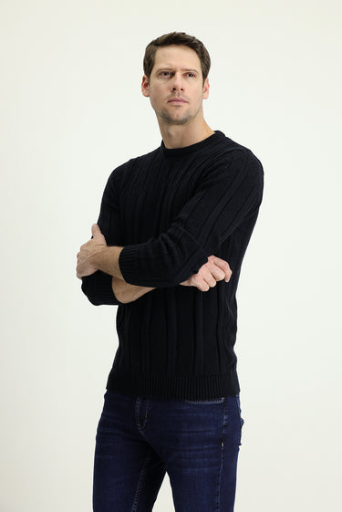 Koyu Lacivert Bisiklet Yaka Regular Fit Desenli Triko Kazak