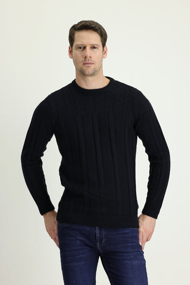 Koyu Lacivert Bisiklet Yaka Regular Fit Desenli Triko Kazak