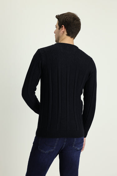 Koyu Lacivert Bisiklet Yaka Regular Fit Desenli Triko Kazak