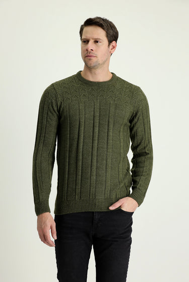  Orta Haki Bisiklet Yaka Regular Fit Desenli Triko Kazak