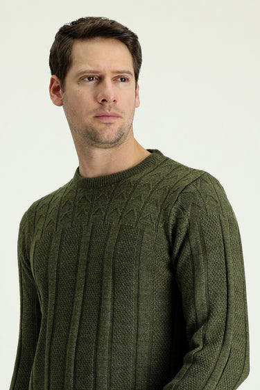  Orta Haki Bisiklet Yaka Regular Fit Desenli Triko Kazak