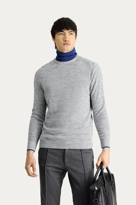 Orta Gri Melanj Bisiklet Yaka Regular Fit Desenli Dikişsiz Triko Kazak