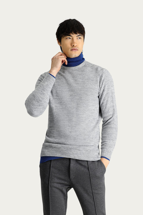 Orta Gri Melanj Bisiklet Yaka Regular Fit Desenli Dikişsiz Triko Kazak