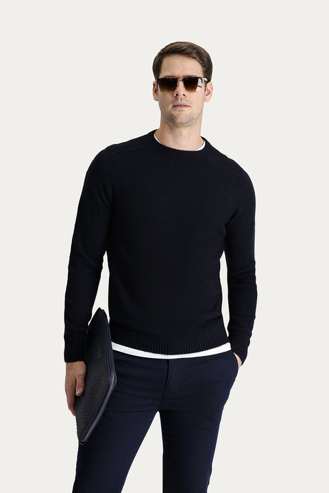 Koyu Lacivert Bisiklet Yaka Regular Fit Desenli Dikişsiz Triko Kazak