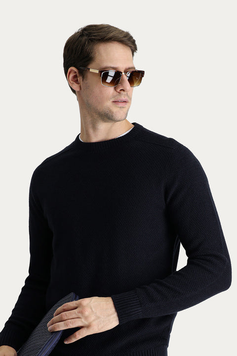 Koyu Lacivert Bisiklet Yaka Regular Fit Desenli Dikişsiz Triko Kazak