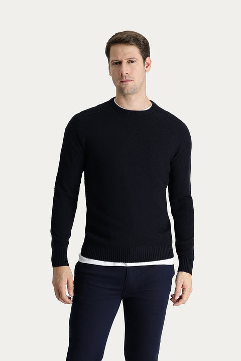 Koyu Lacivert Bisiklet Yaka Regular Fit Desenli Dikişsiz Triko Kazak