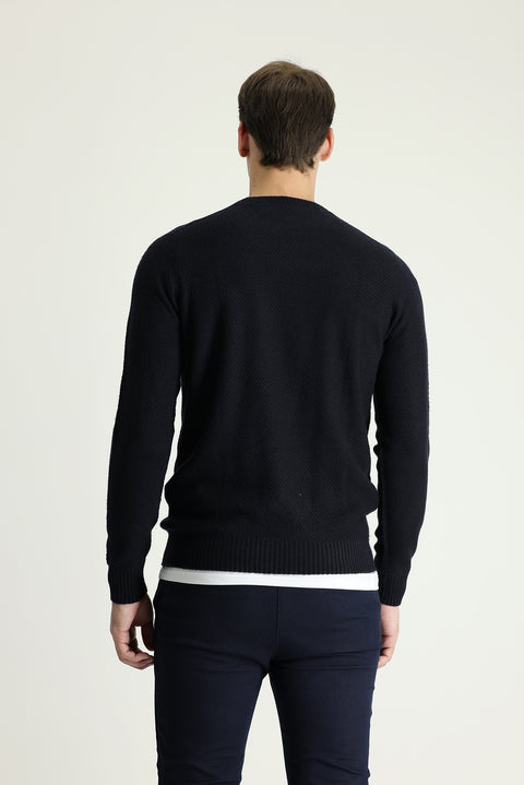 Koyu Lacivert Bisiklet Yaka Regular Fit Desenli Dikişsiz Triko Kazak