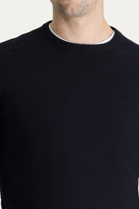 Koyu Lacivert Bisiklet Yaka Regular Fit Desenli Dikişsiz Triko Kazak