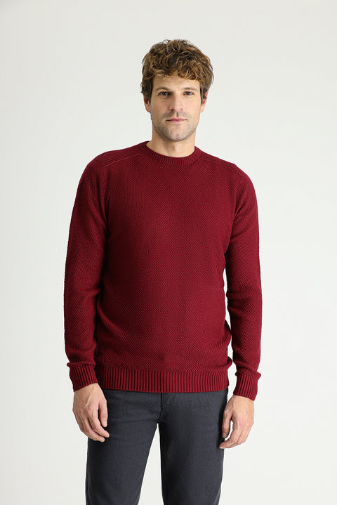 Koyu Bordo Bisiklet Yaka Regular Fit Desenli Dikişsiz Triko Kazak