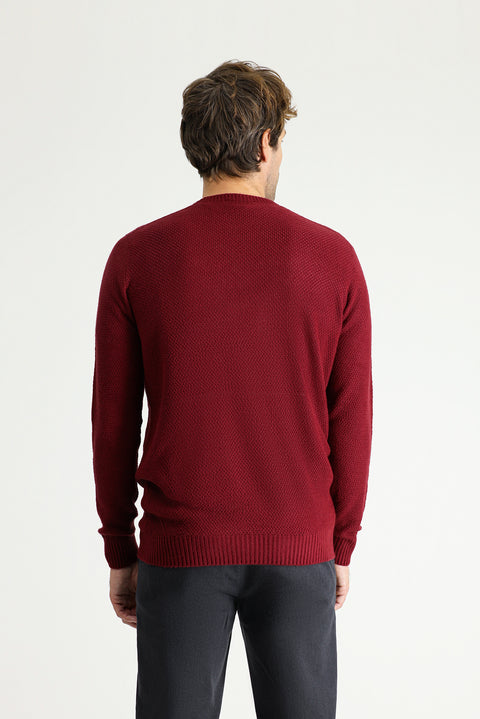 Koyu Bordo Bisiklet Yaka Regular Fit Desenli Dikişsiz Triko Kazak