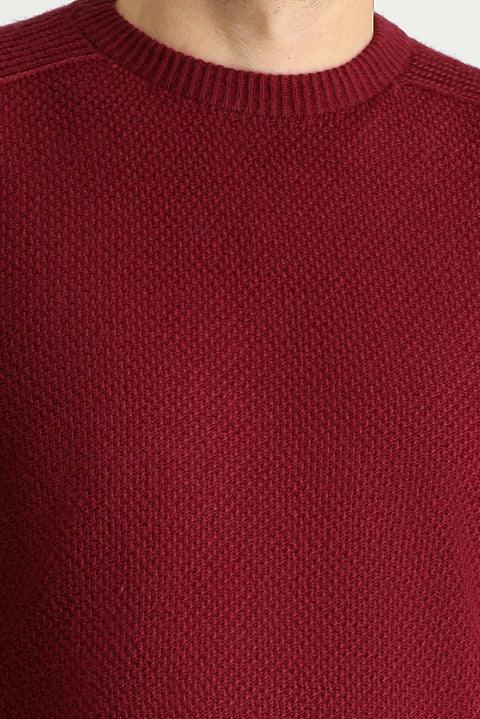 Koyu Bordo Bisiklet Yaka Regular Fit Desenli Dikişsiz Triko Kazak