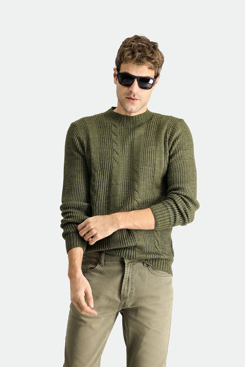 Açık Haki Bisiklet Yaka Slim Fit Dar Kesim Desenli Triko Kazak