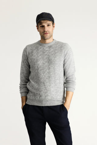  Açık Gri Melanj Bisiklet Yaka Slim Fit Dar Kesim Desenli Triko Kazak