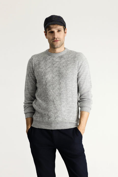 Açık Gri Melanj Bisiklet Yaka Slim Fit Dar Kesim Desenli Triko Kazak