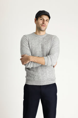  Açık Gri Melanj Bisiklet Yaka Slim Fit Dar Kesim Desenli Triko Kazak