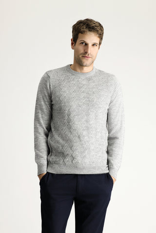  Açık Gri Melanj Bisiklet Yaka Slim Fit Dar Kesim Desenli Triko Kazak