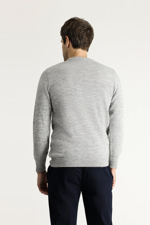 Açık Gri Melanj Bisiklet Yaka Slim Fit Dar Kesim Desenli Triko Kazak