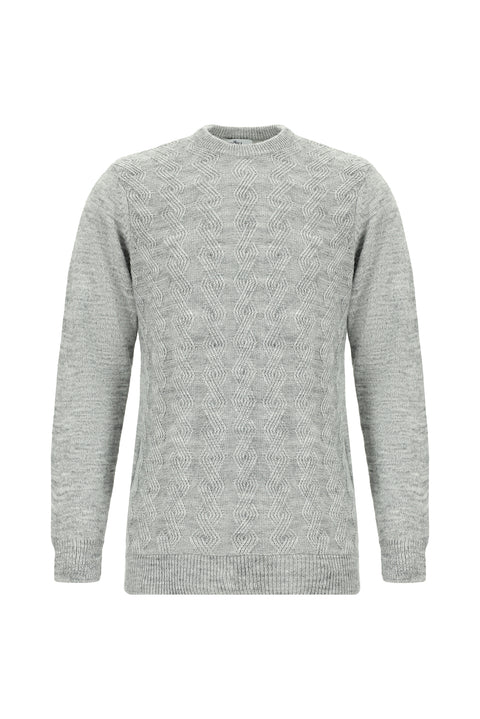 Açık Gri Melanj Bisiklet Yaka Slim Fit Dar Kesim Desenli Triko Kazak