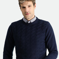 Koyu Lacivert Bisiklet Yaka Slim Fit Dar Kesim Desenli Triko Kazak