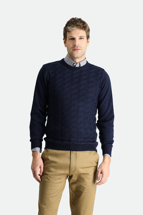 Koyu Lacivert Bisiklet Yaka Slim Fit Dar Kesim Desenli Triko Kazak