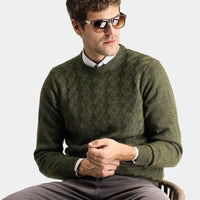 Orta Haki Bisiklet Yaka Slim Fit Dar Kesim Desenli Triko Kazak