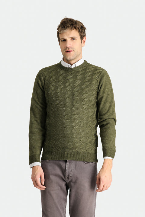 Orta Haki Bisiklet Yaka Slim Fit Dar Kesim Desenli Triko Kazak