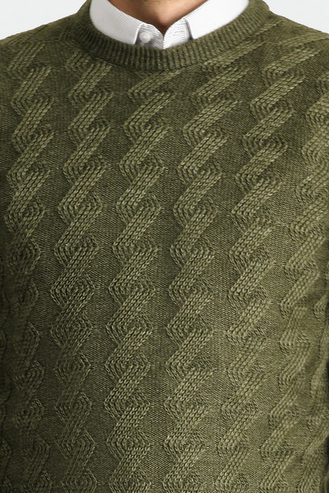 Orta Haki Bisiklet Yaka Slim Fit Dar Kesim Desenli Triko Kazak