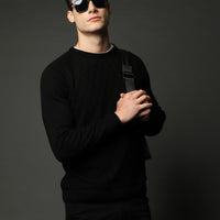 Siyah Bisiklet Yaka Regular Fit Desenli Triko Kazak