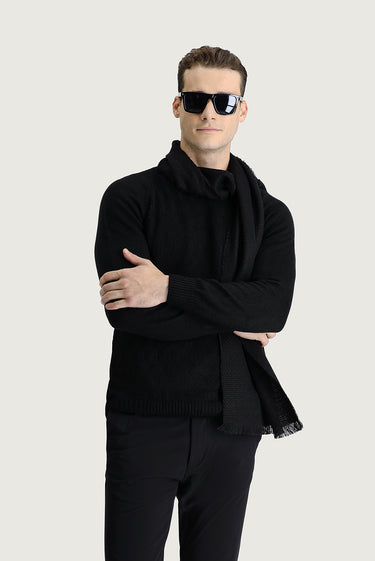  Siyah Bisiklet Yaka Regular Fit Desenli Triko Kazak